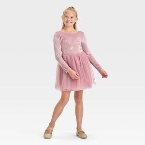 NEW! Girls' Long Sleeve Star Velour Tulle Dress - Cat & Jack, Dusty Pink